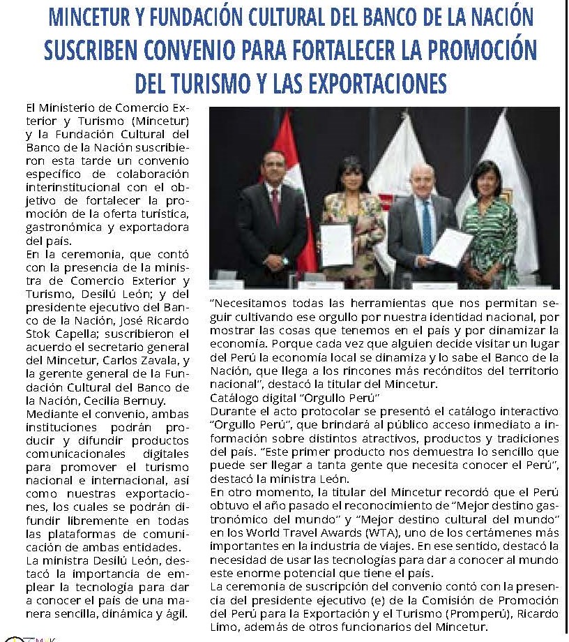 SUSCRIBEN CONVENIO PARA FORTALECER LA PROMOCIÓN DEL TURISMO Y LAS EXPORTACIONES