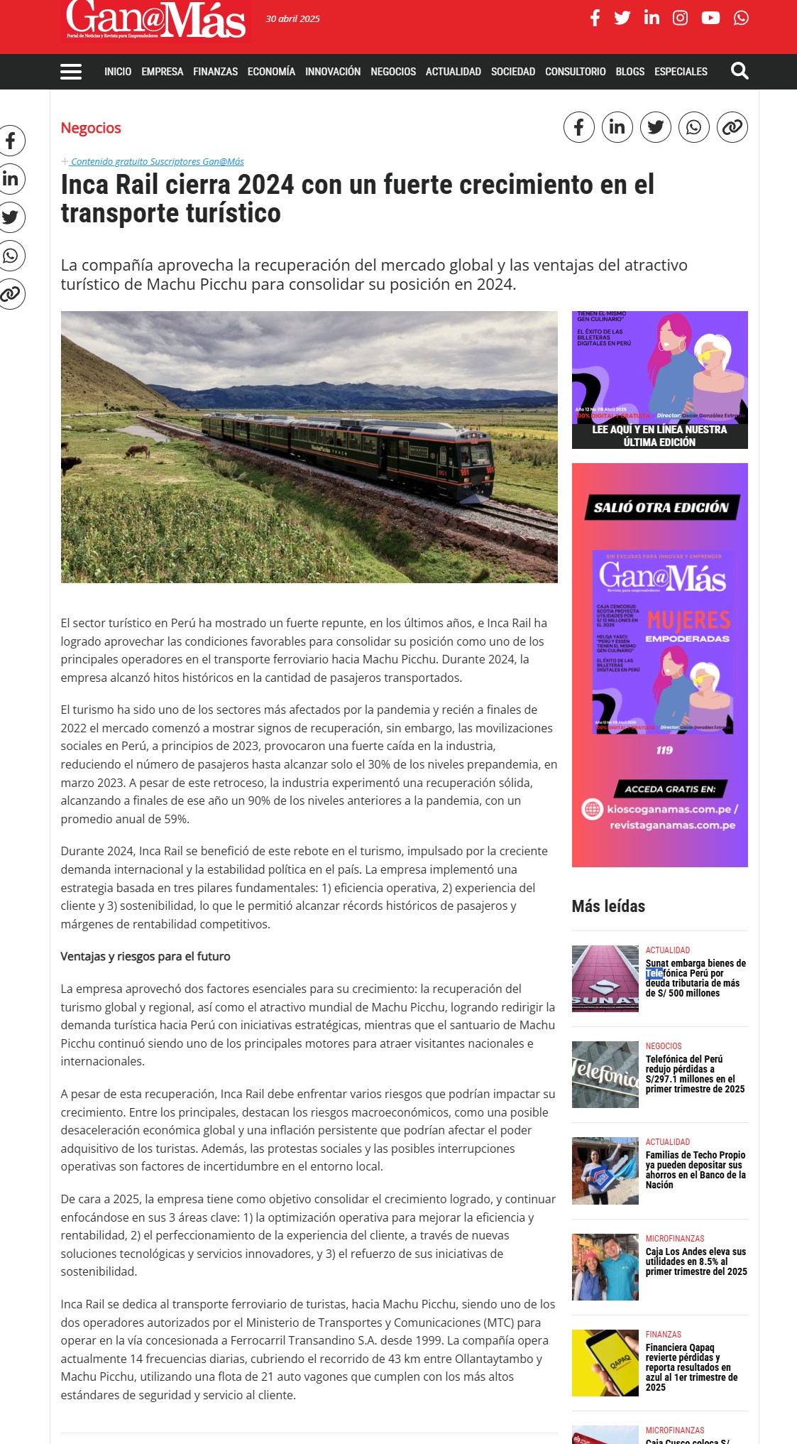 INCA RAIL CIERRA 2024 CON UN FUERTE CRECIMIENTO EN EL TRANSPORTE TURÍSTICO