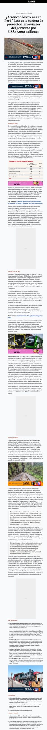 ¿ARRANCAN LOS TRENES EN PERÚ? ESTA ES LA CARTERA DE PROYECTOS FERROVIARIOS DEL GOBIERNO POR US$43.000 MILLONES
