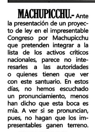 OPINIONES DIVIDIDAS POR MACHUPICCHU COMO ACTIVO CRÍTICO NACIONALES