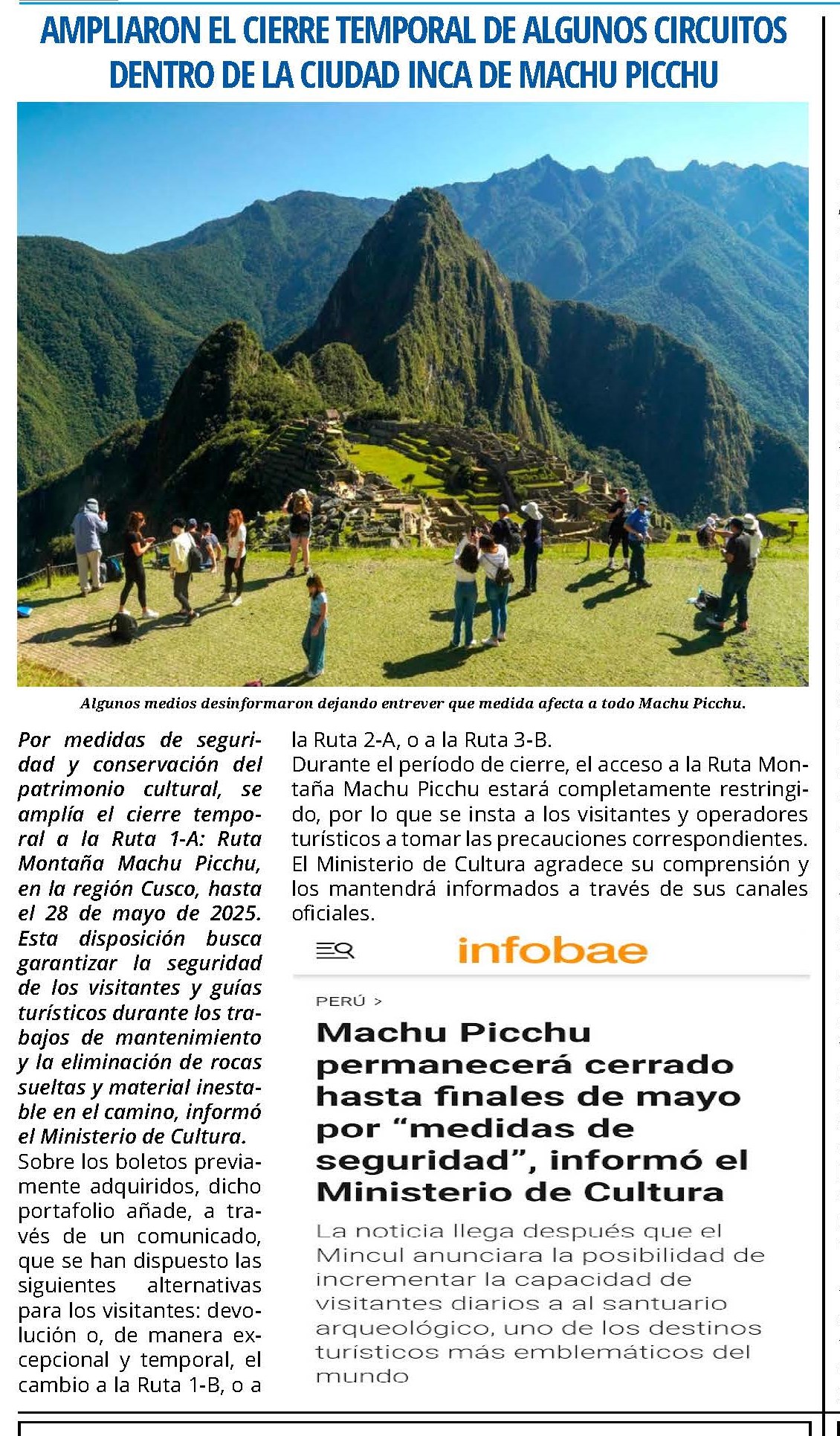 AMPLIARON EL CIERRE TEMPORAL DE ALGUNOS CIRCUITOS EN MACHU PICCHU