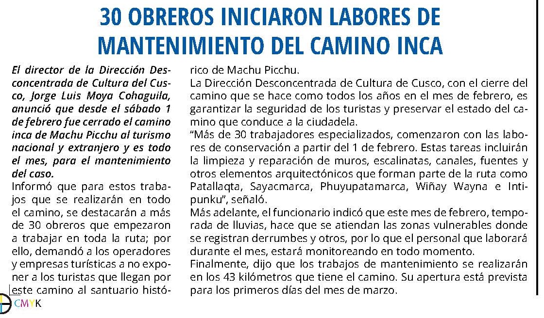 CAMINO INCA SEGUIRÁ CERRADO HASTA EL SÁBADO 15 DE MARZO POR LLUVIAS INTENSAS