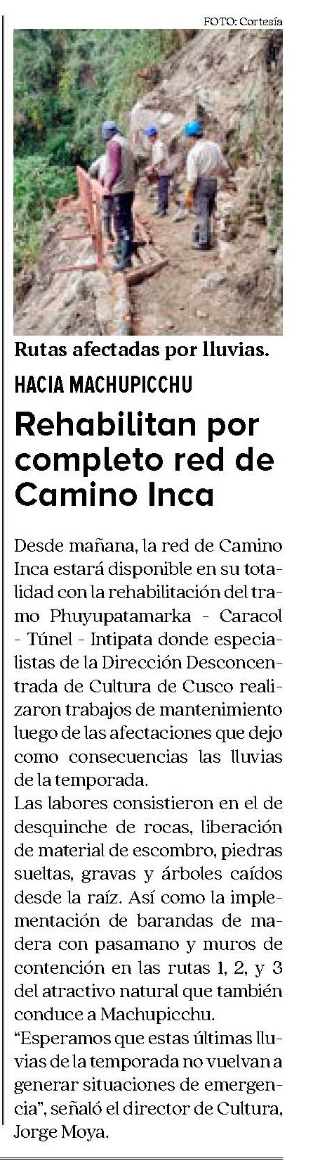 ABREN TRAMO PHUYUPATAMARKA-CARACOL-TÚNEL- INTIPATA DEL CAMINO INCA