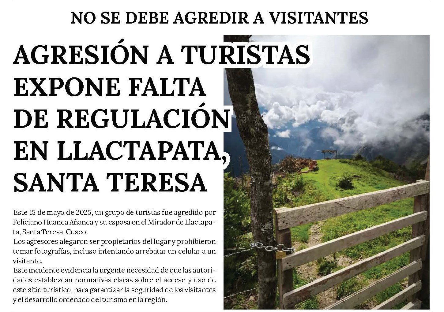 AGRESIÓN A TURISTAS EXPONE FALTA DE REGULACIÓN EN LLACTAPATA, SANTA TERESA