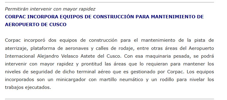 CORPAC INCORPORA EQUIPOS DE CONSTRUCCIÓN PARA MANTENIMIENTO DE AEROPUERTO DE CUSCO