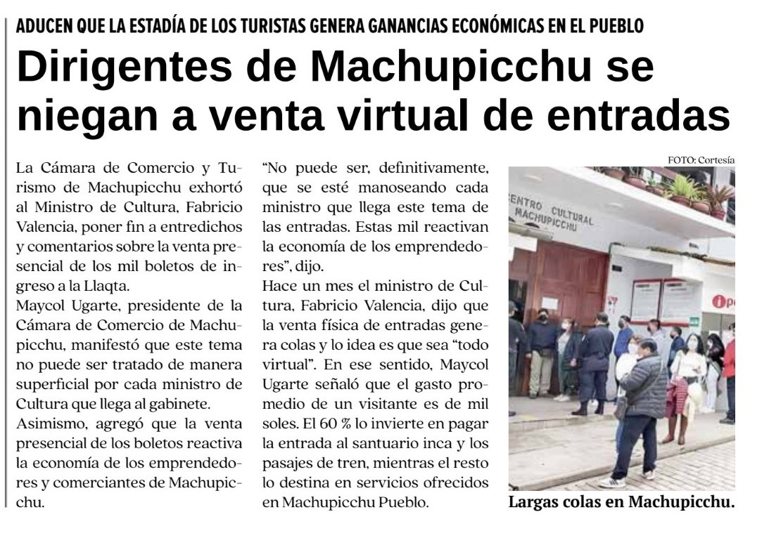 DIRIGENTES DE MACHUPICHU SE NIEGAN A VENTA VIRTUAL DE ENTRADAS