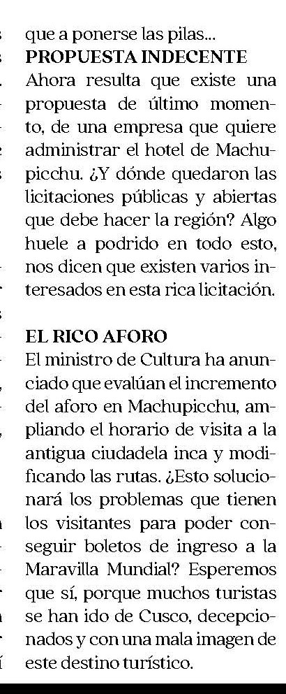 NUEVO TARIFARIO PARA INGRESO A MACHUPICHU
