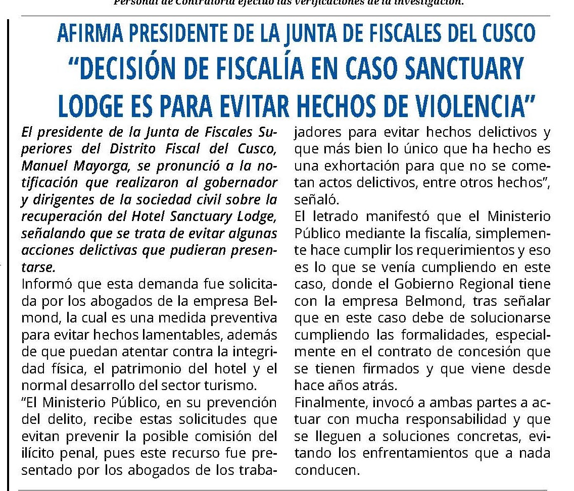 POBLADORES DE MACHU PICCHU ANUNCIAN MEDIDA DE FUERZA CONTRA GRUPO BELMOND