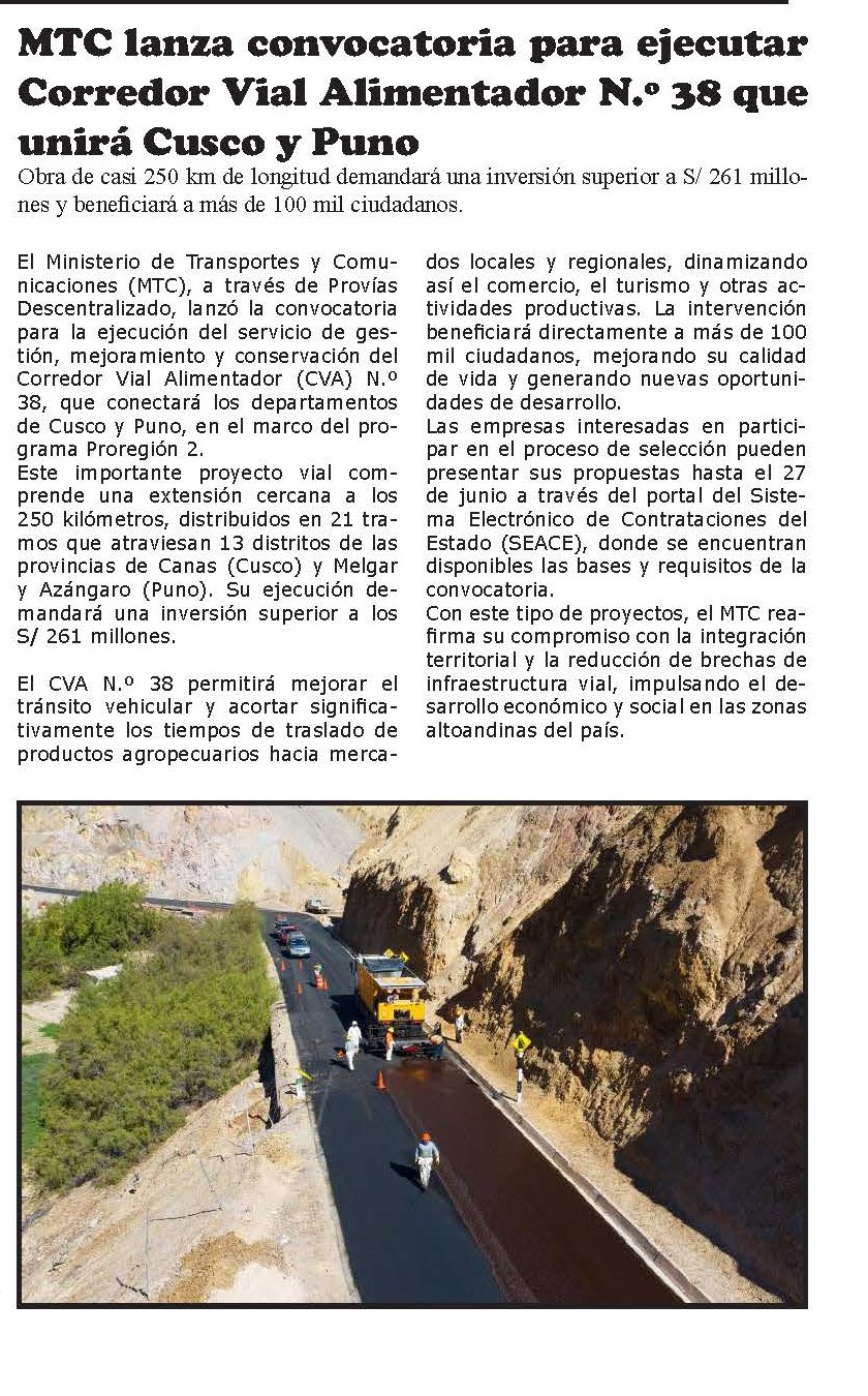 MTC LANZA CONVOCATORIA PARA EJECUTAR CORREDOR VIAL QUE UNIRÁ CUSCO Y PUNO