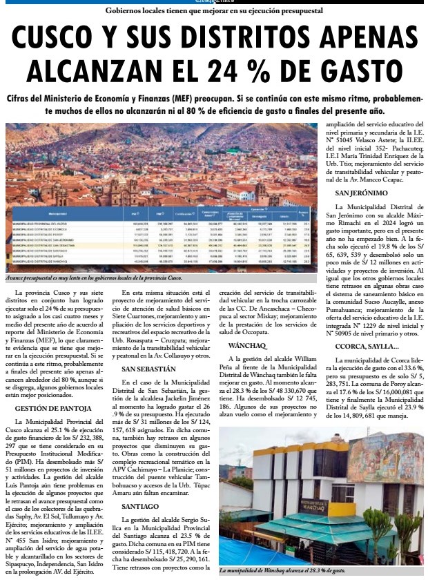 CUSCO Y SUS DISTRITOS APENAS ALCANZAN EL 24 % DE GASTO