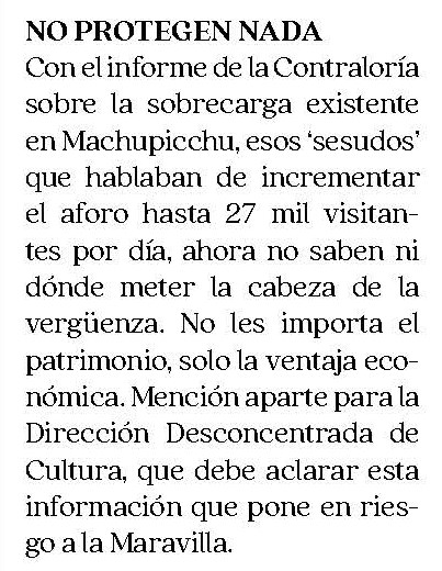 CONTRALORÍA ALERTA RIESGO A LA CONSERVACIÓN DE LA CIUDAD INCA DE MACHU PICCHU