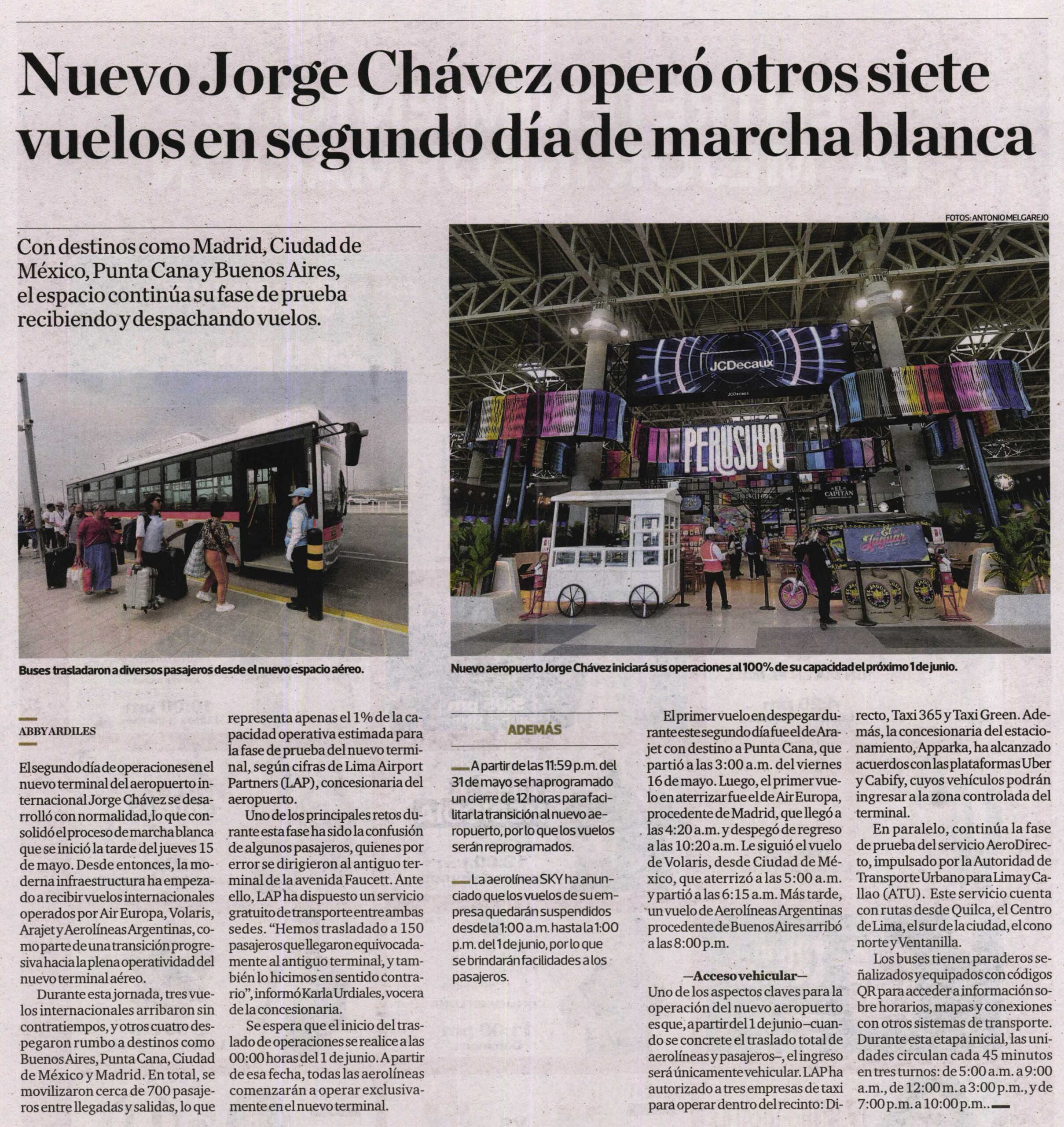 NUEVO JORGE CHÁVEZ OPERÓ OTROS SIETE VUELOS EN SEGUNDO DÍA DE MARCHA BLANCA