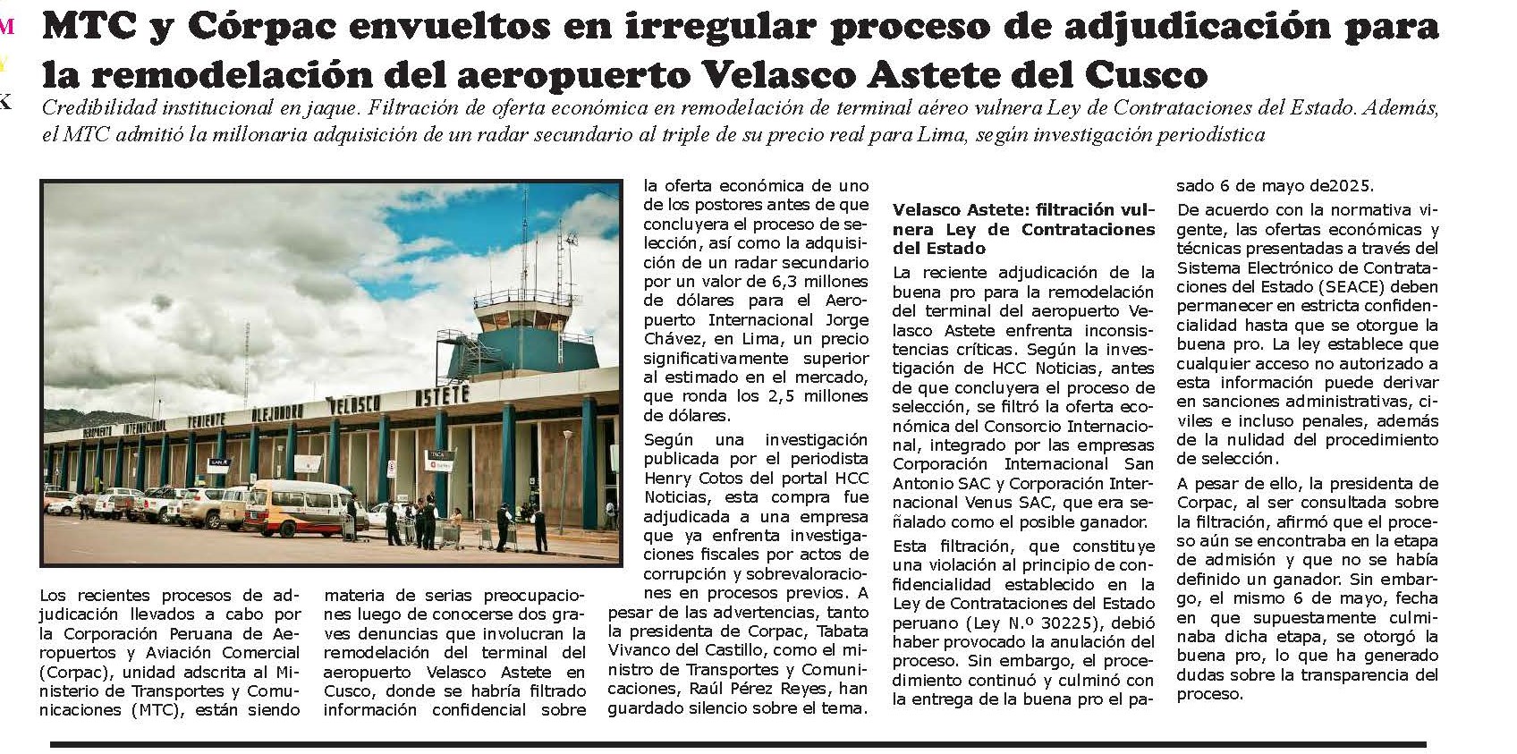 MTC Y CÓRPAC ENVUELTOS EN IRREGULAR PROCESO DE ADJUDICACIÓN PARA LA REMODELACIÓN DEL AEROPUERTO DE CUSCO