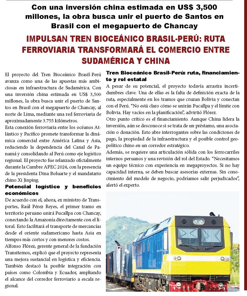IMPULSAN TREN BIOCEÁNICO BRASIL- PERÚ: RUTA FERROVIARIA TRANSFORMARÁ EL COMERCIO ENTRE SUDAMÉRICA Y CHINA