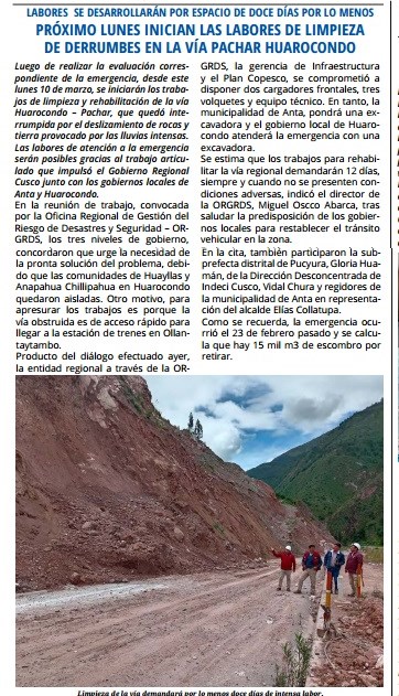 REHABILITACIÓN DE VÍA HUAROCONDO-PACHAR DEMANDARÁ 12 DÍAS