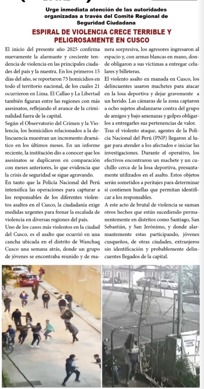 ESPIRAL DE VIOLENCIA CRECE TERRIBLE Y PELIGROSAMENTE EN CUSCO