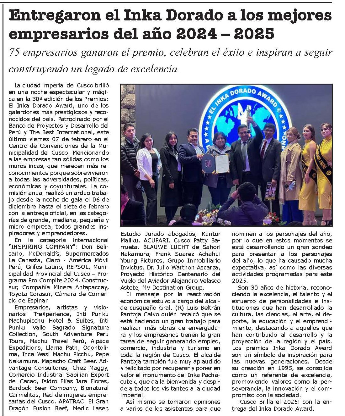 ENTREGARON EL INKA DORADO A LOS MEJORES EMPRESARIOS DEL AÑO 2024 – 2025