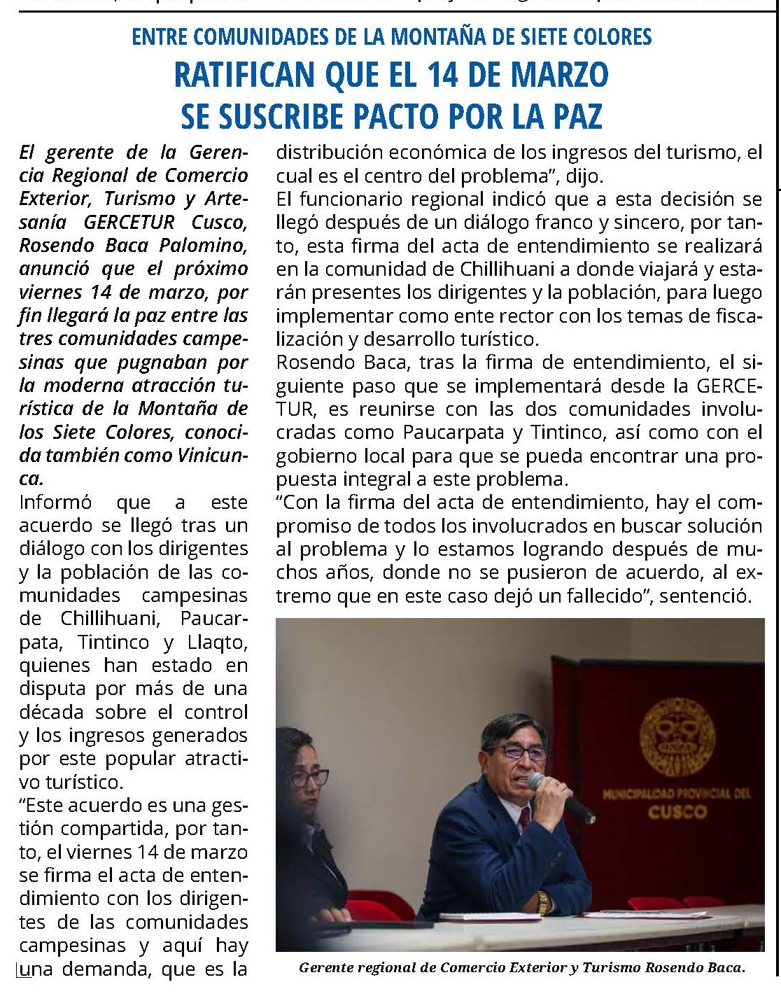 14 DE MARZO: DÍA CLAVE PARA VINICUNCA