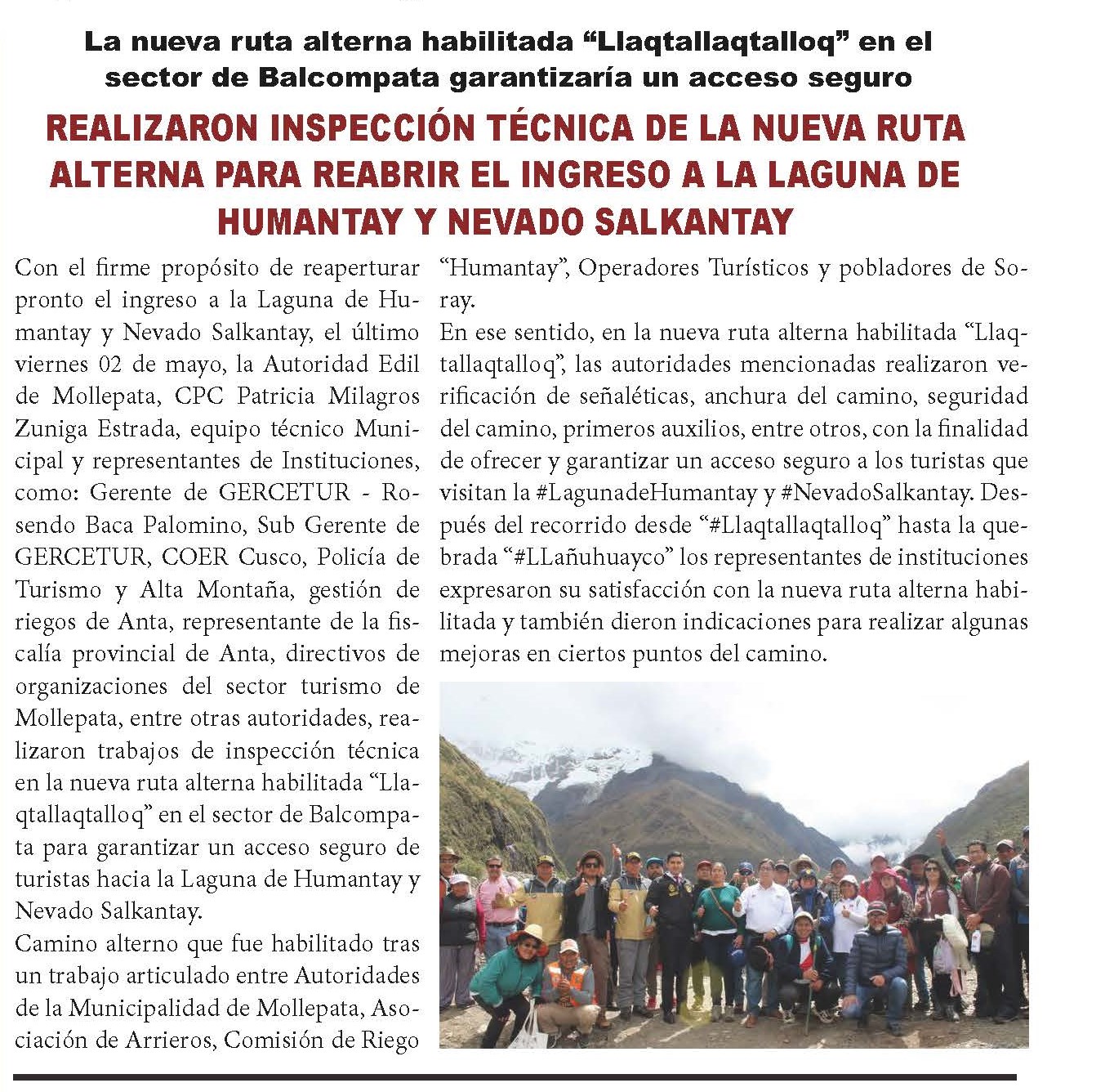 NUEVA RUTA ALTERNA PARA REABRIR EL INGRESO A LA LAGUNA DE HUMANTAY Y NEVADO SALKANTAY