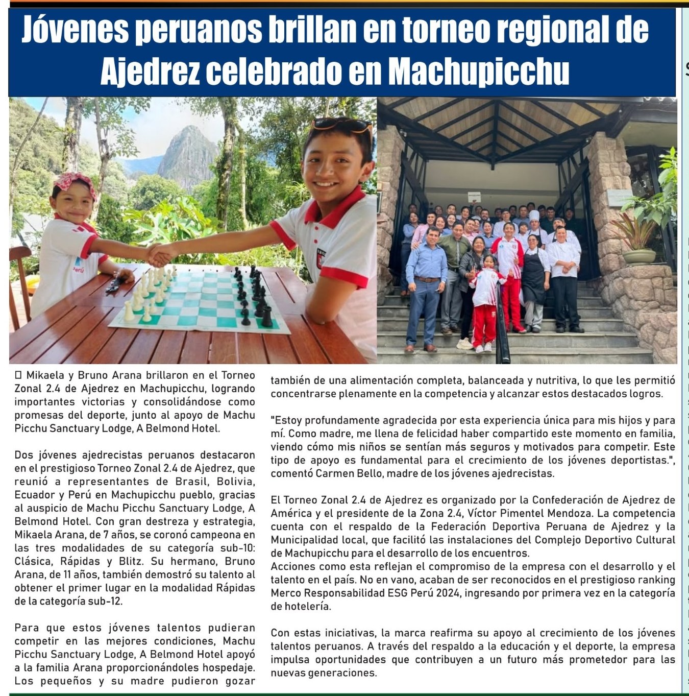 JÓVENES PERUANOS BRILLAN EN TORNEO REGIONAL DE AJEDREZ CELEBRADO EN MACHUPICCHU