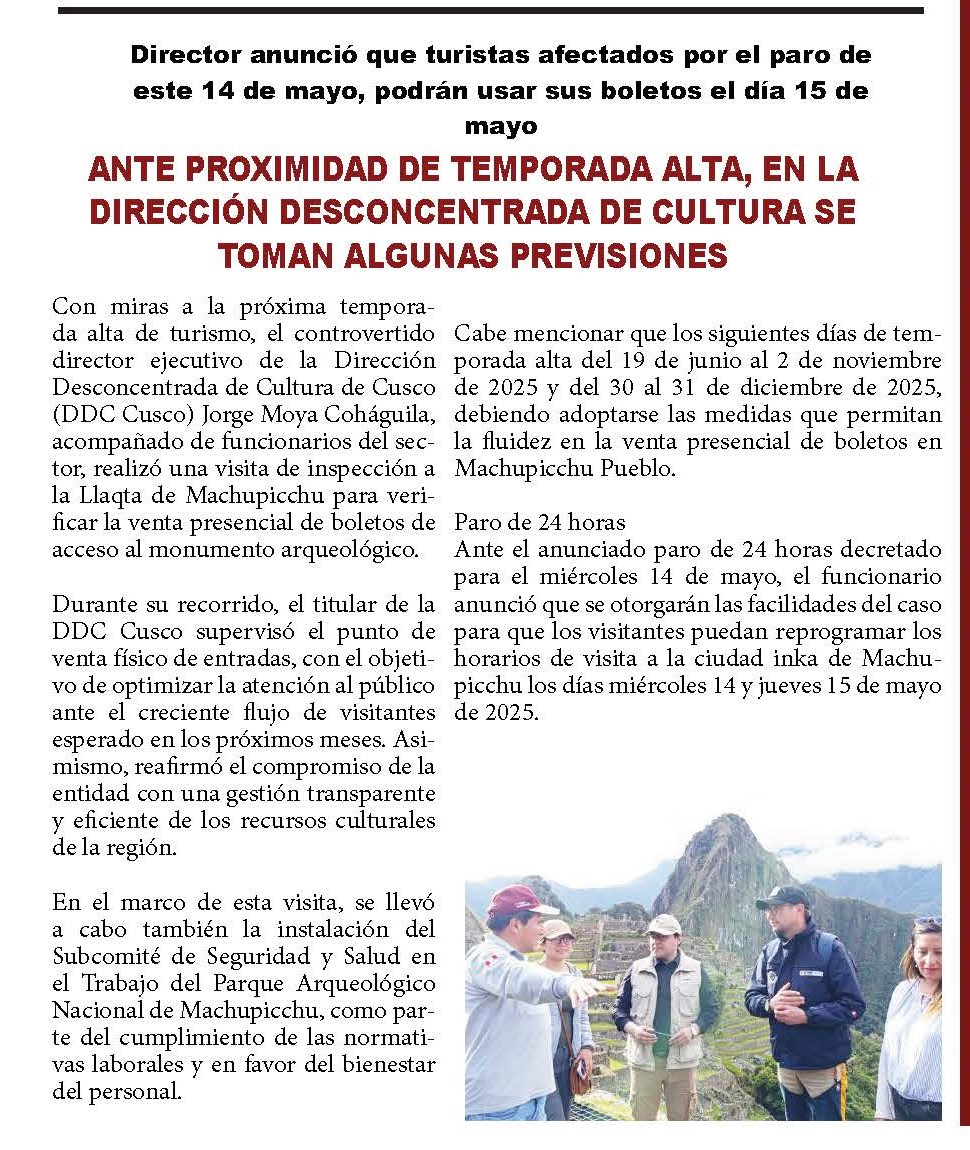 TOMAN PREVISIONES ANTE PROXIMIDAD DE TEMPORADA ALTA EN MACHUPICCHU