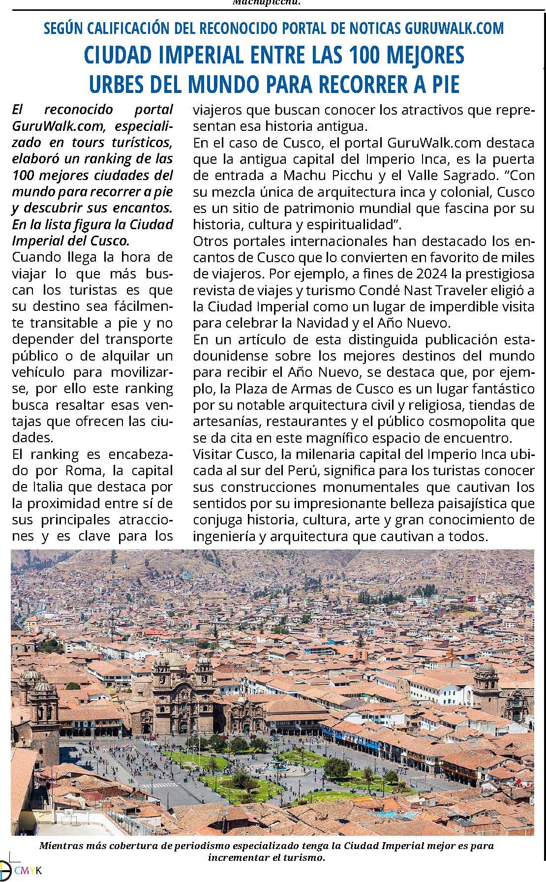 CUSCO FIGURA EN RANKING DE 100 MEJORES CIUDADES DEL MUNDO PARA DESCUBRIR A PIE