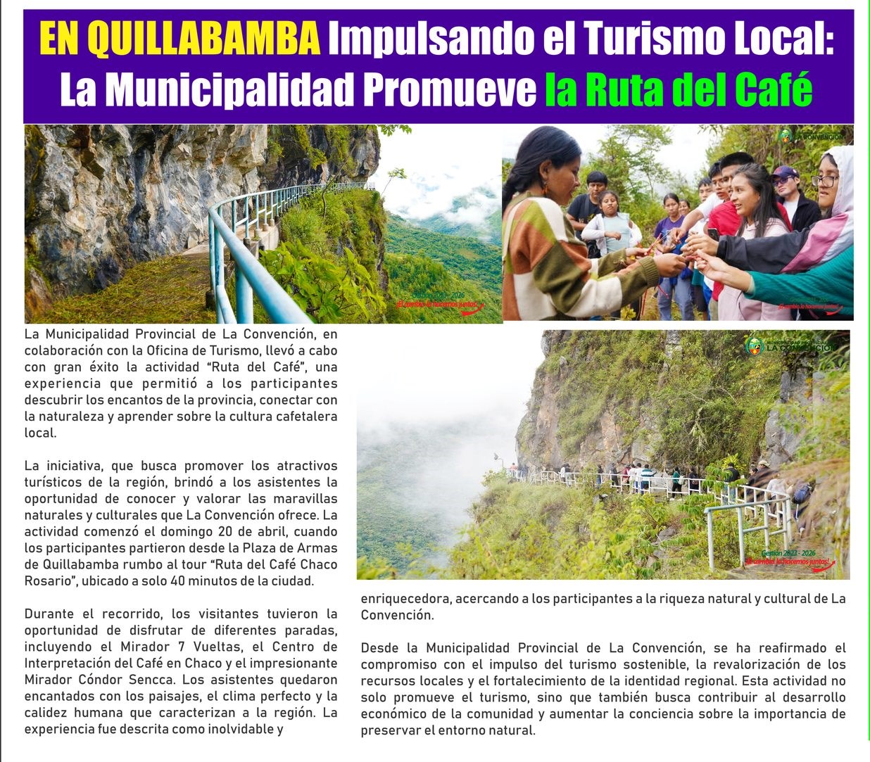 EN QUILLABAMBA IMPULSAN EL TURISMO LOCAL: PROMUEVEN LA RUTA DEL CAFÉ