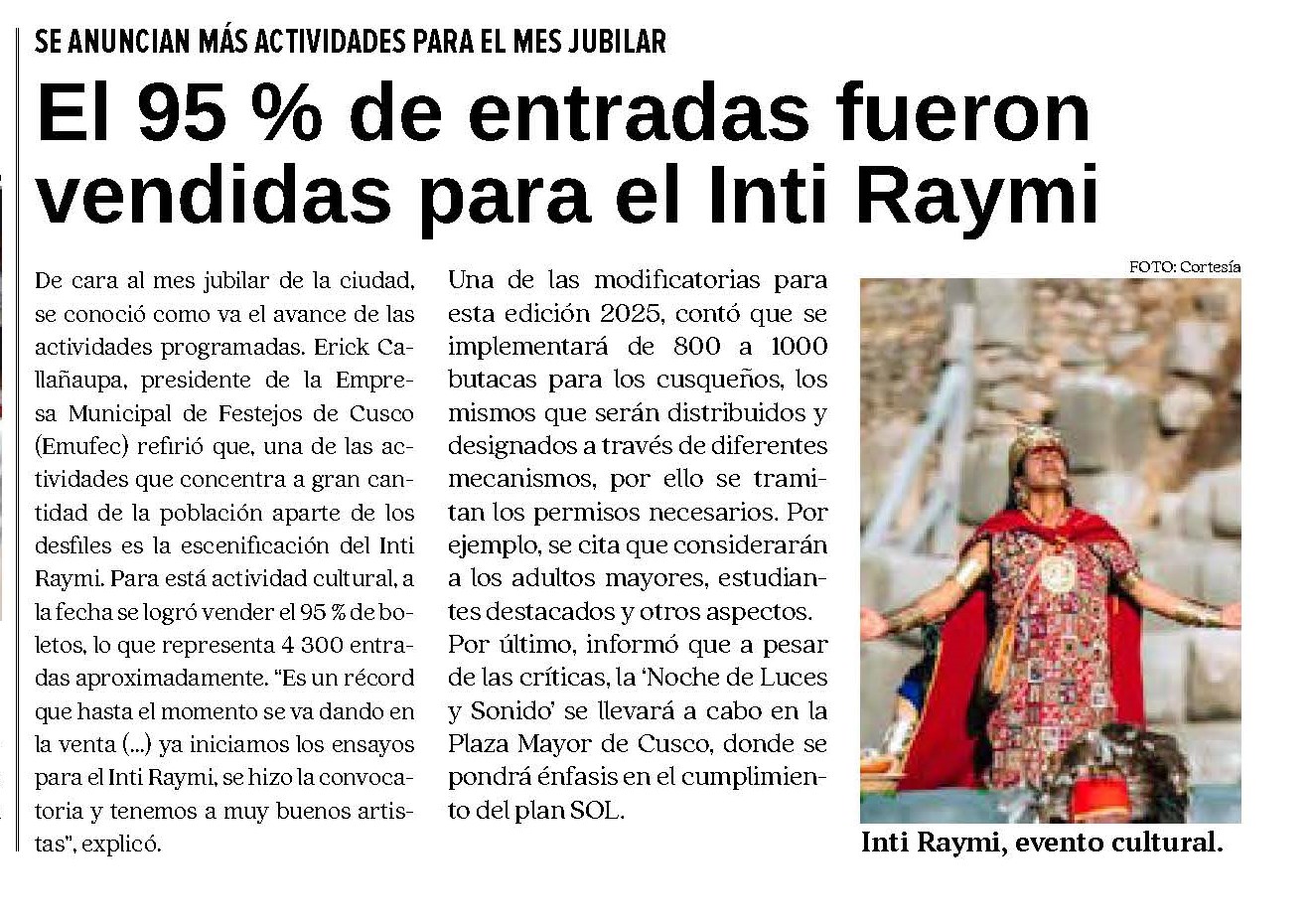 95 % DE ENTRADAS PARA EL INTI RAYMI YA HAN SIDO VENDIDAS