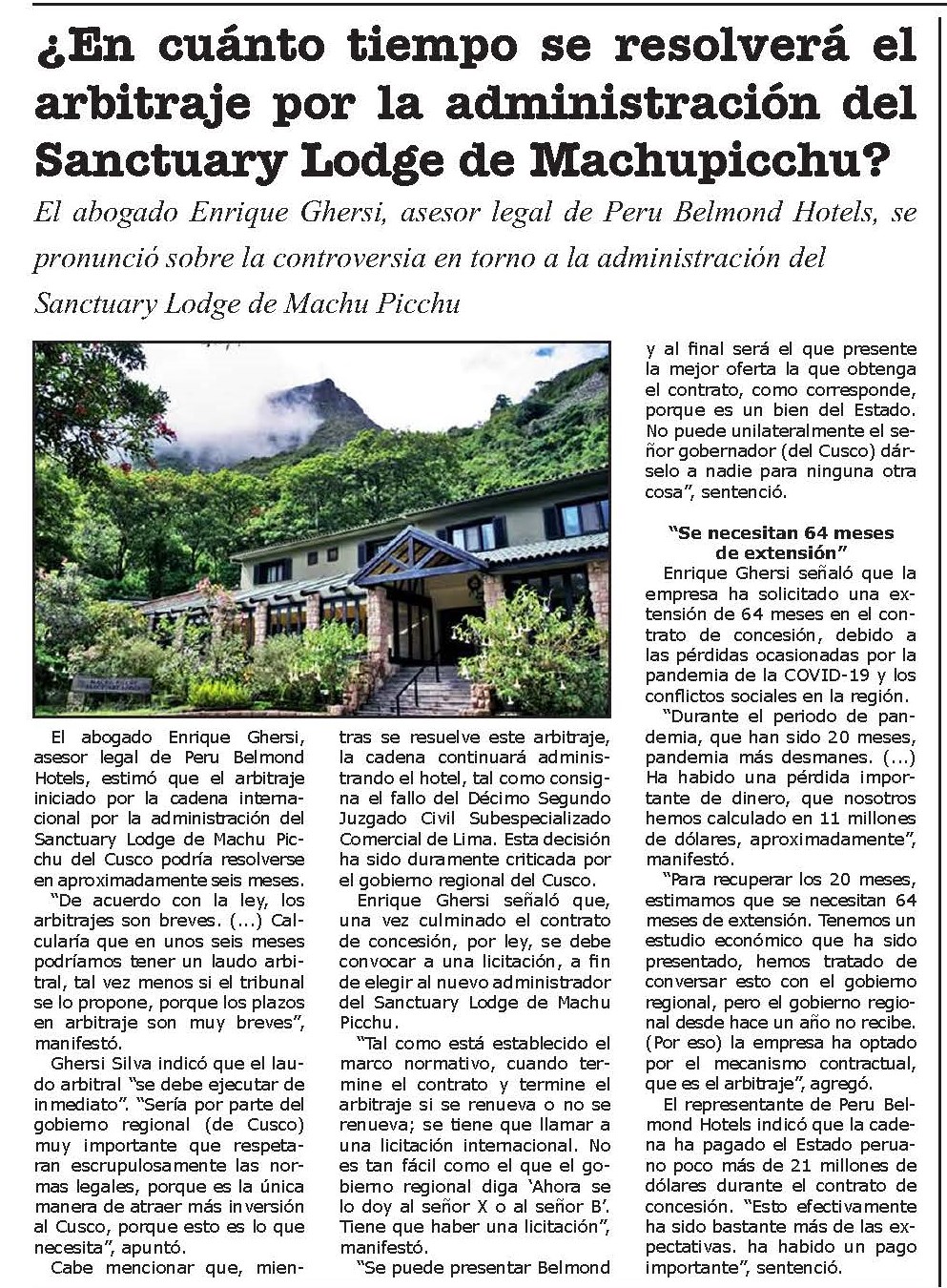 ARBITRAJE SOBRE SANCTUARY LODGE PODRÍA RESOLVERSE EN SEIS MESES