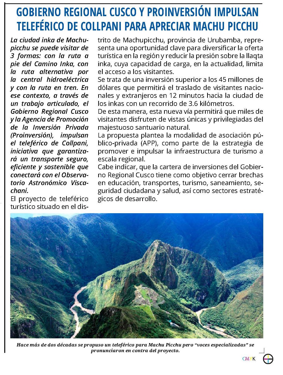 IMPULSAN TELEFÉRICO DE COLLPANI PARA APRECIAR MACHU PICCHU