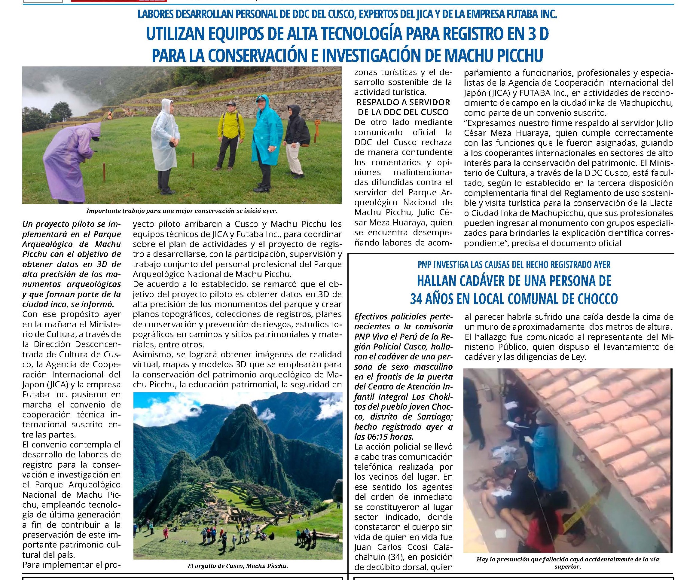 UTILIZAN EQUIPOS DE ALTA TECNOLOGÍA PARA REGISTRO EN 3D PARA LA CONSERVACIÓN E INVESTIGACIÓN DE MACHU PICCHU