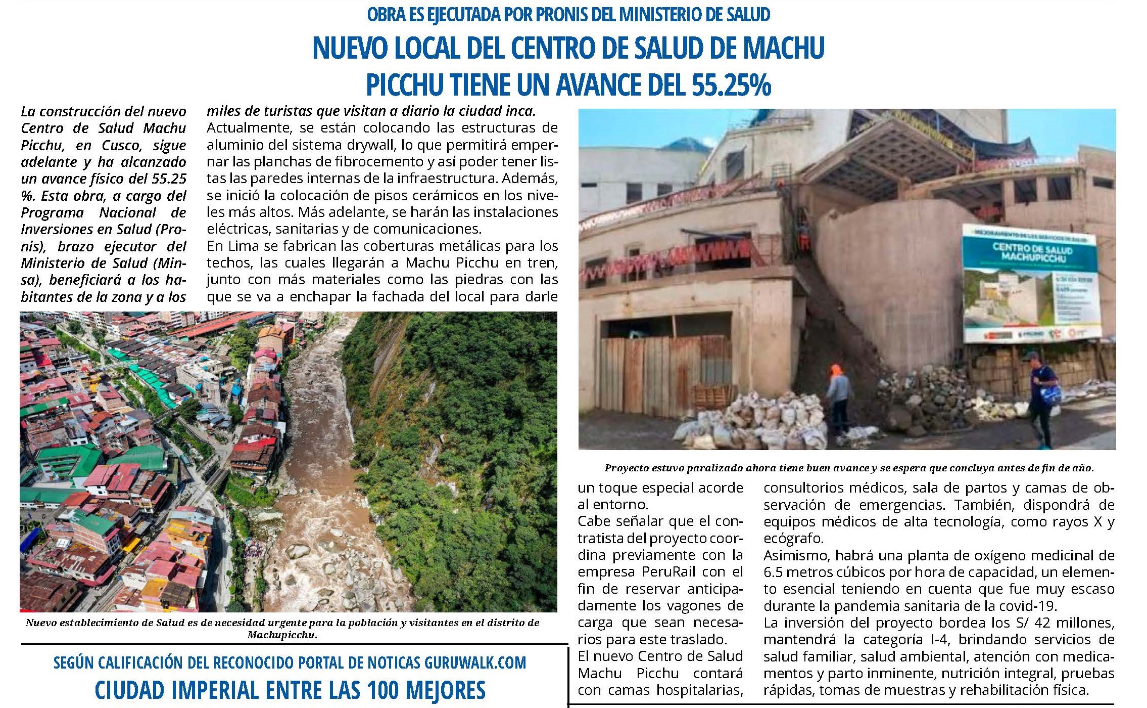 NUEVO CENTRO DE SALUD DE MACHUPICCHU REGISTRA AVANCE SUPERIOR AL 55 %