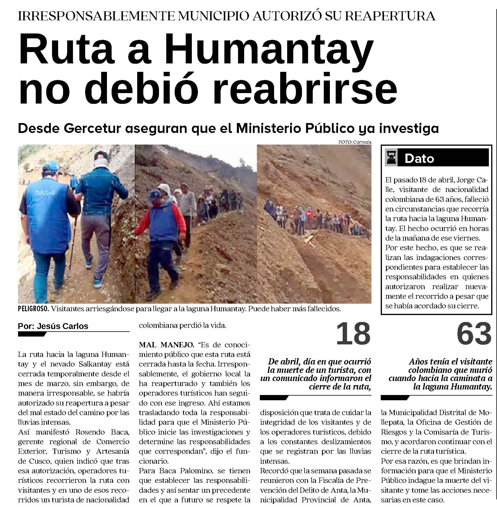 RUTA A HUMANTAY NO DEBIÓ REABRIRSE