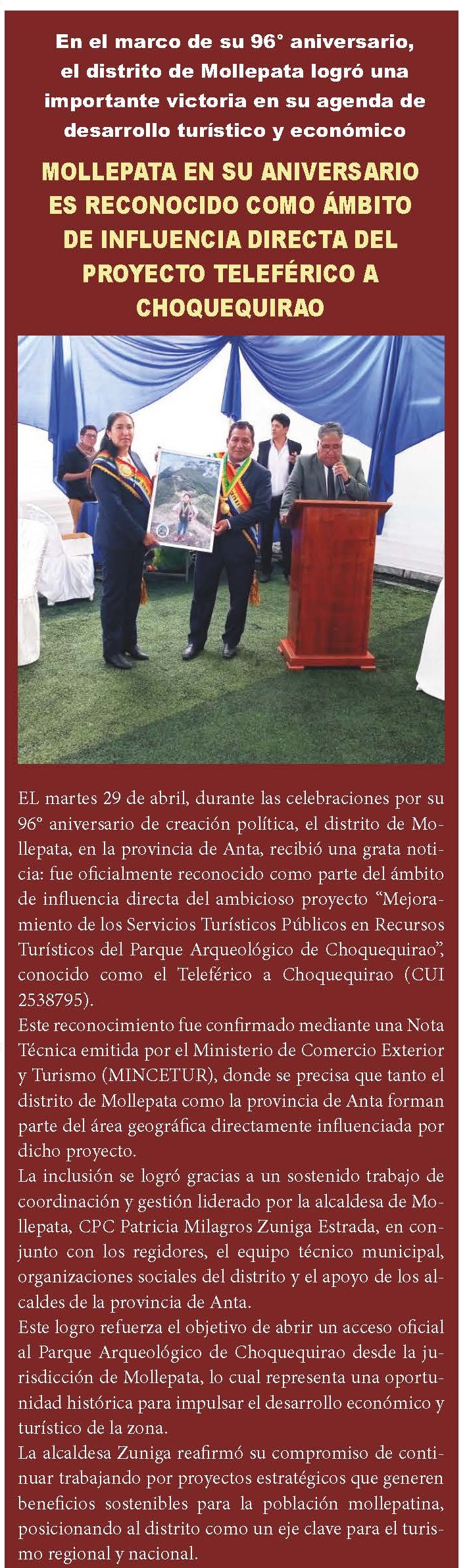 MOLLEPATA ES RECONOCIDO COMO ÁMBITO DE INFLUENCIA DEL PROYECTO TELEFÉRICO A CHOQUEQUIRAO