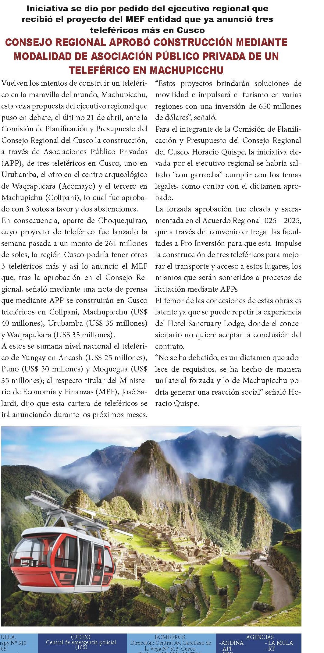 CONSEJO REGIONAL APROBÓ CONSTRUCCIÓN DE UN TELEFÉRICO EN MACHU PICCHU