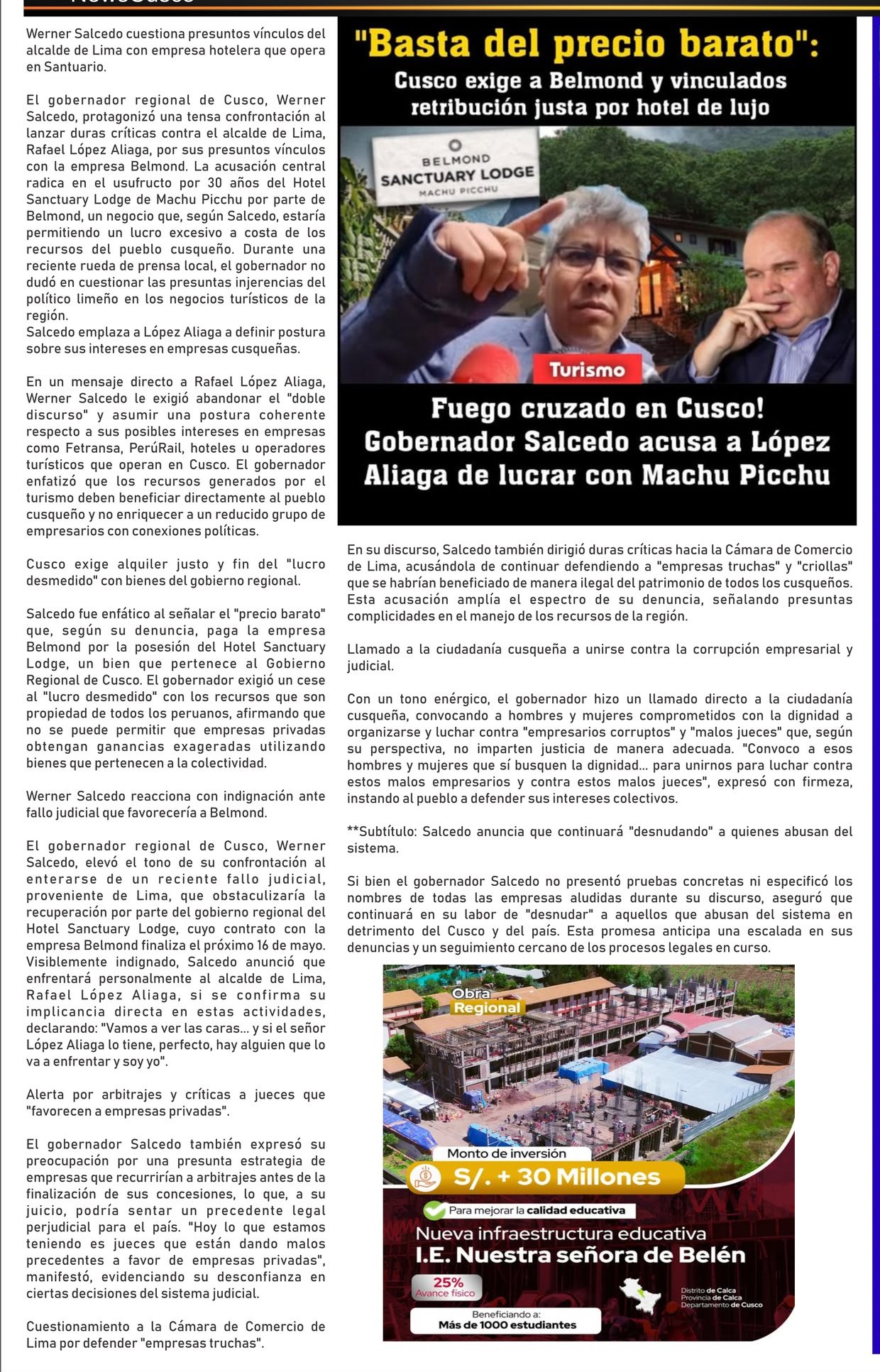 GERENTE DEL GORE CUSCO CUESTIONA A EMPRESA PERÚ BELMOND