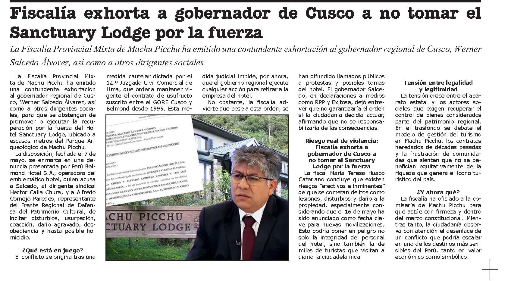 INVESTIGAN A GOBERNADOR REGIONAL DEL CUSCO POR CASO SANCTUARY LODGE