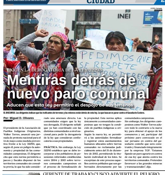 CUSCO: ANUNCIAN PARO AGRARIO PREVENTIVO PARA EXIGIR DEROGATORIA DE LEY 32293