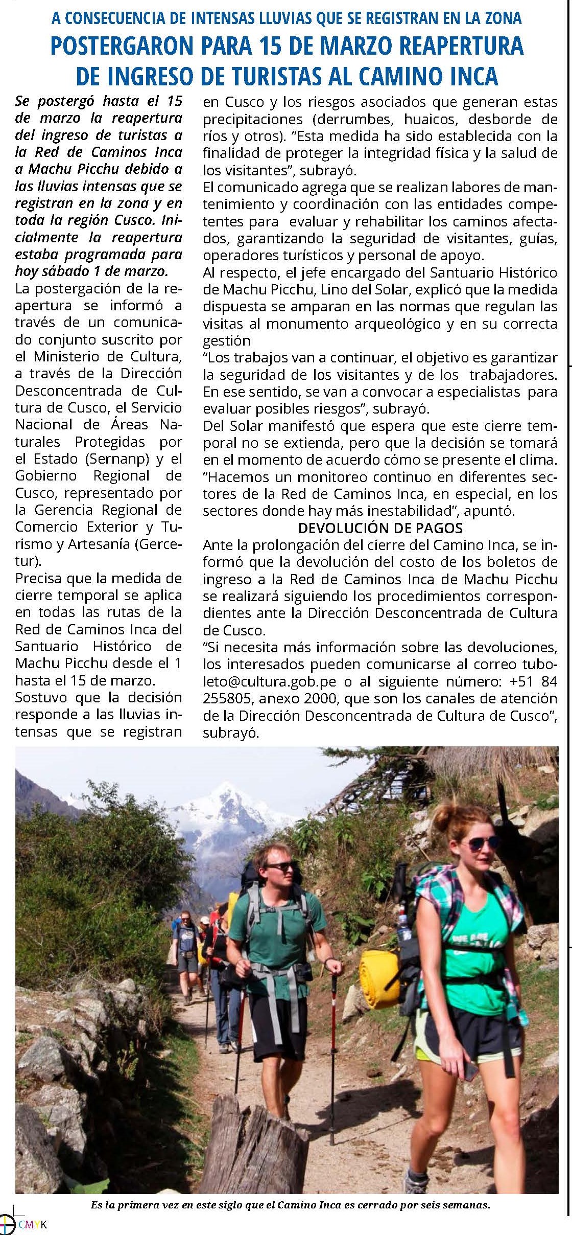 POSTERGARON PARA 15 DE MARZO REAPERTURA DE INGRESO DE TURISTAS AL CAMINO INCA