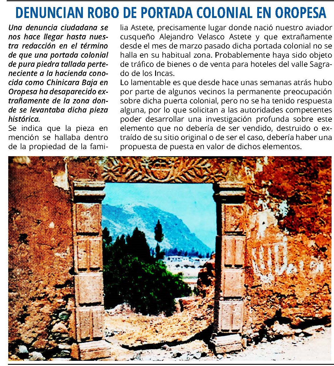 DENUNCIAN ROBO DE PORTADA COLONIAL EN OROPESA