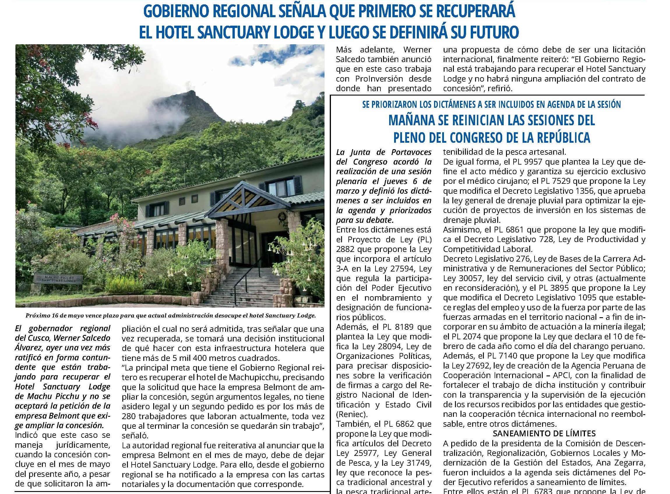 GOBIERNO REGIONAL: PRIMERO SE RECUPERARÁ EL HOTEL SANCTUARY LODGE, LUEGO SE DEFINIRÁ SU FUTURO