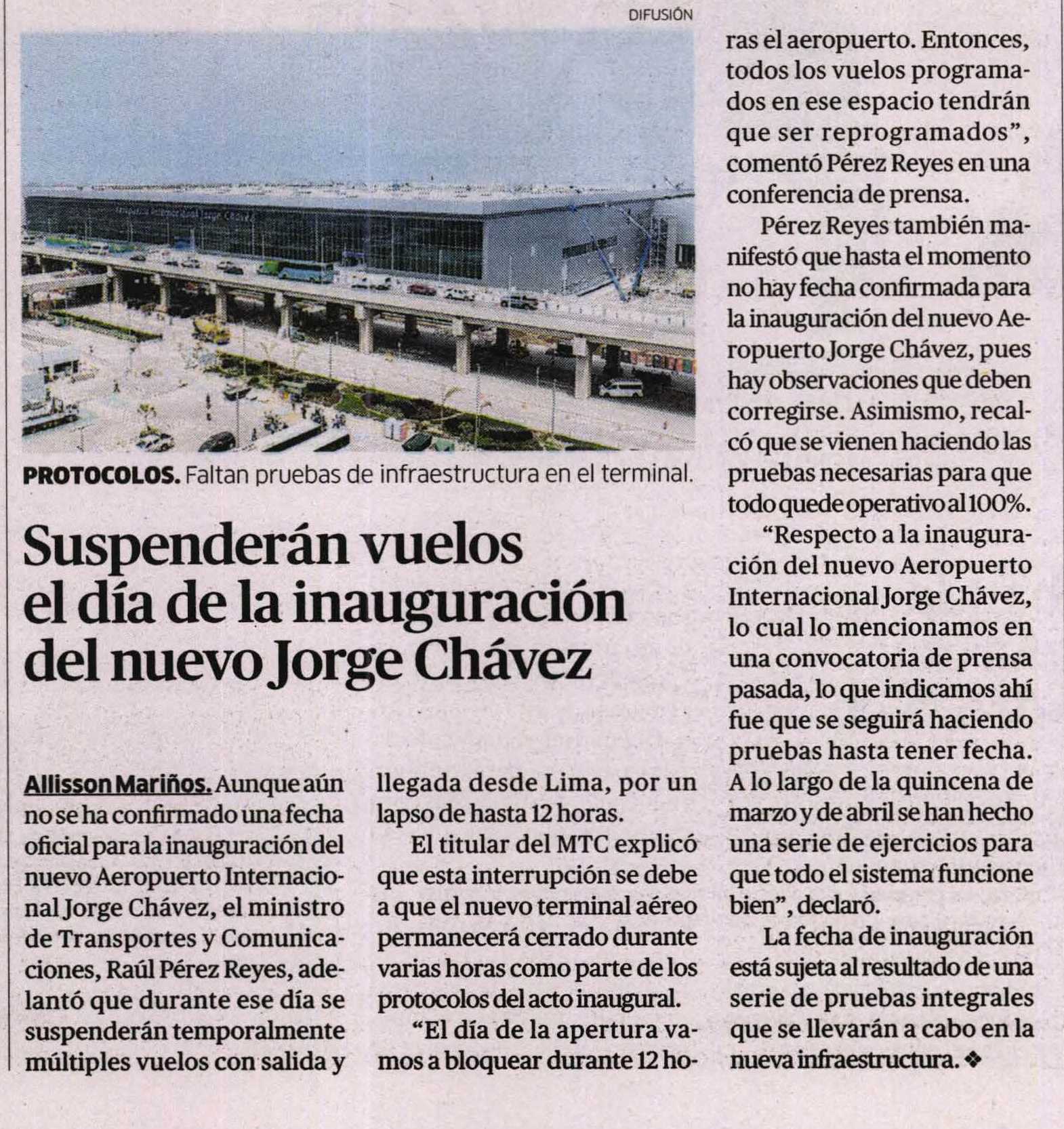 SUSPENDERÁN VUELOS EL DÍA DE LA INAUGURACIÓN DEL NUEVO JORGE CHÁVEZ