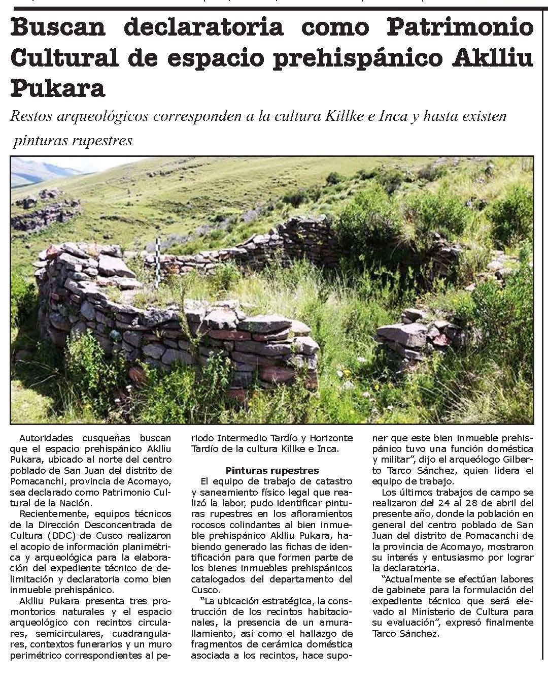 INICIAN ACCIONES PARA REGISTRO Y DELIMITACIÓN DEL BIEN INMUEBLE PREHISPÁNICO AKLIIU PUKARA