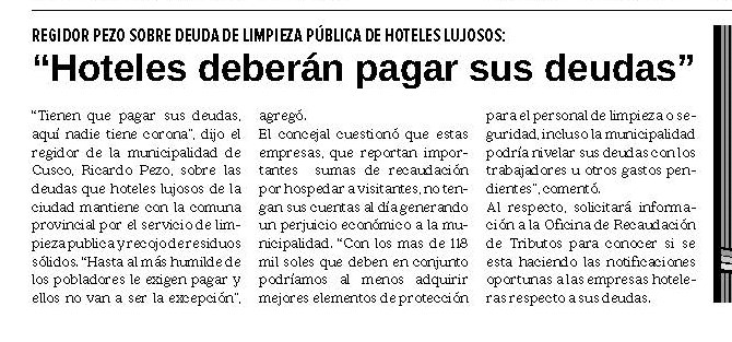 HOTELES QUE COBRAN EN DÓLARES NO PAGAN POR EL RECOJO DE LA BASURA