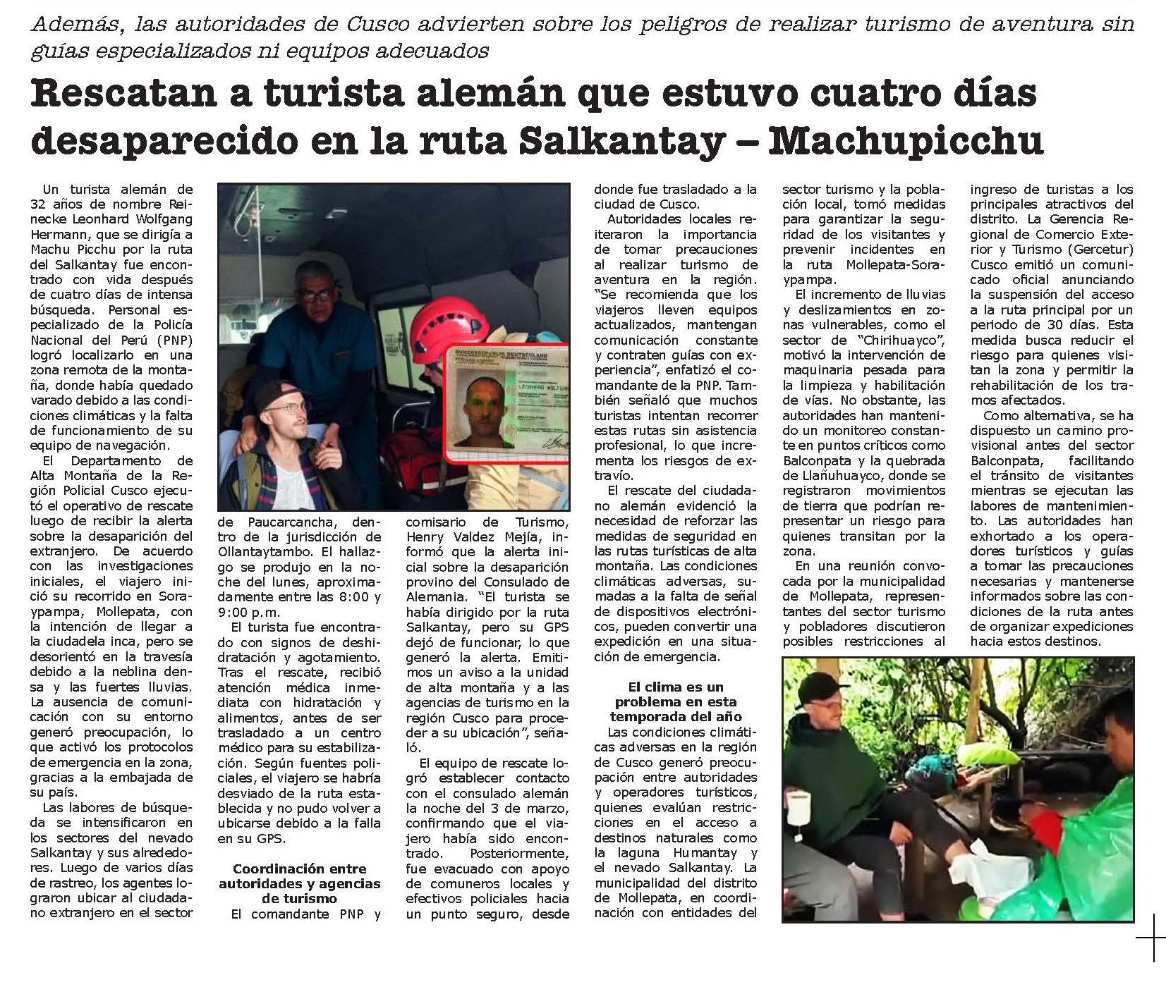 RESCATAN A TURISTA ALEMÁN DESAPARECIDO CUATRO DÍAS EN LA RUTA SALKANTAY-MACHUPICCHU