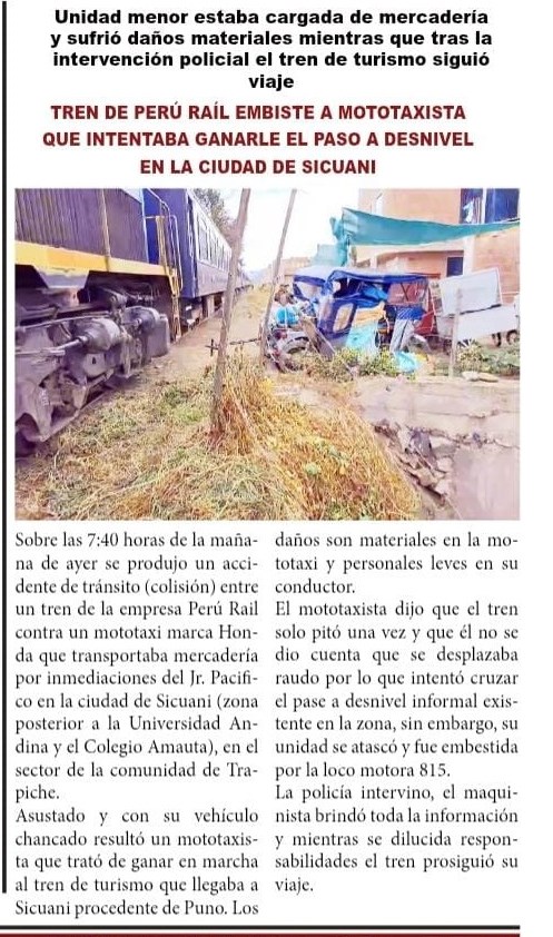 TREN DE PERÚ RAÍL EMBISTE A MOTOTAXISTA QUE INTENTABA GANARLE AL PASO A DESNIVEL