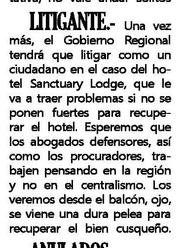BELMOND SE RESISTE A DEJAR HOTEL DE MACHU PICCHU