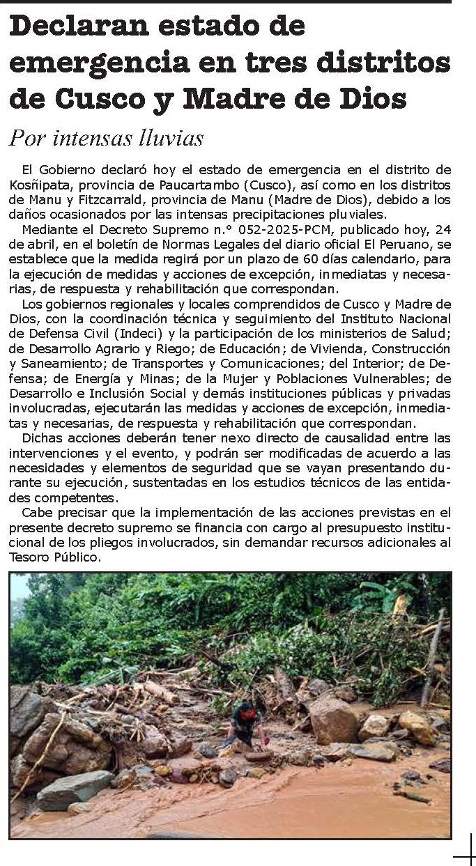 DECLARAN ESTADO DE EMERGENCIA EN TRES DISTRITOS DE CUSCO Y MADRE DE DIOS