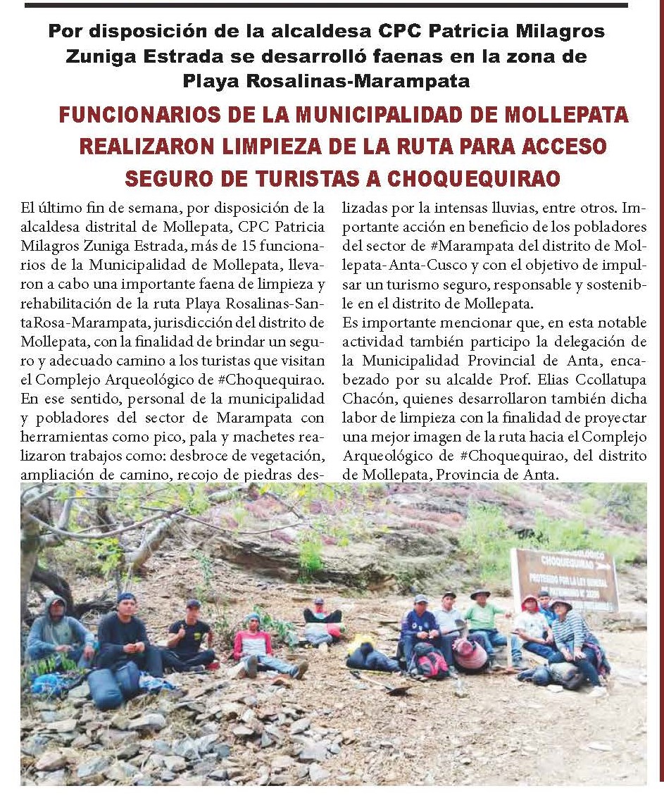 REALIZAN  LIMPIEZA DE LA RUTA PARA ACCESO SEGURO DE TURISTAS A CHOQUEQUIRAO