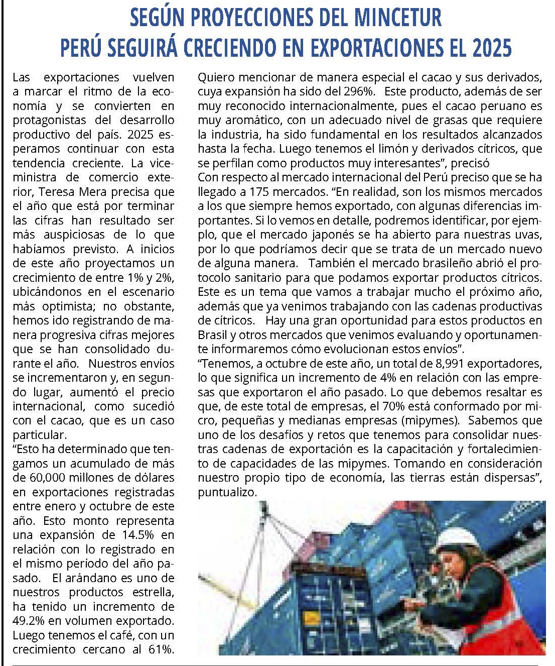 SEGÚN PROYECCIONES DEL MINCETUR, PERÚ SEGUIRÁ CRECIENDO EN EXPORTACIONES EL 2025